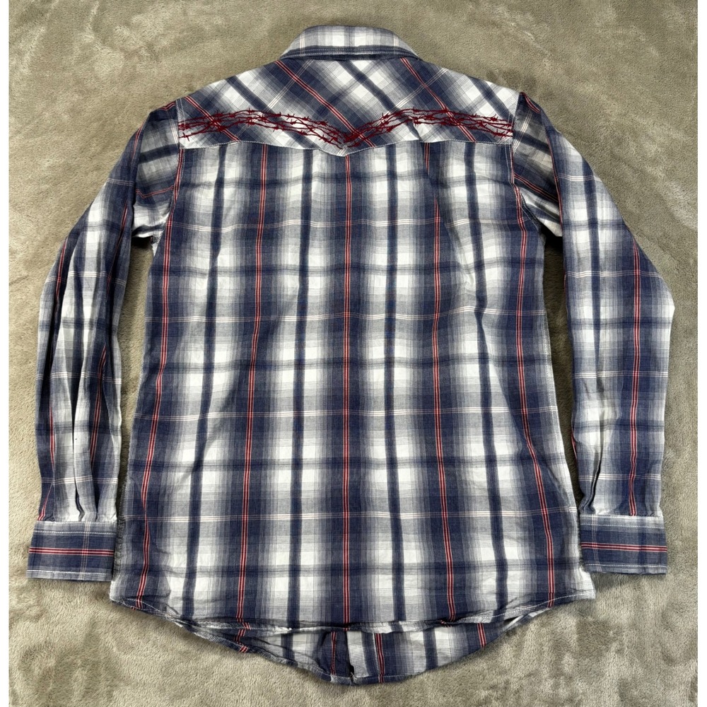 Cowboy Hardware Western Snap Shirt Women XL Blue Plaid Barbed Wire Embroidered - Picture 4 of 7